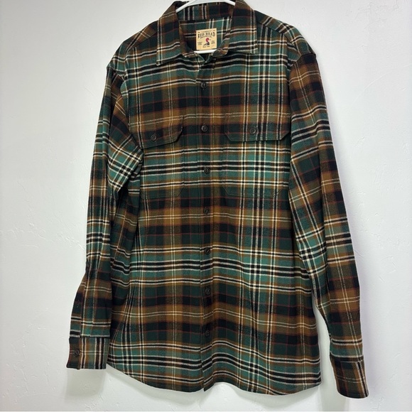 RedHead Men's Flannel Heavyweight Plaid Large Tall LT Brown Green Button Shirt - Picture 1 of 7